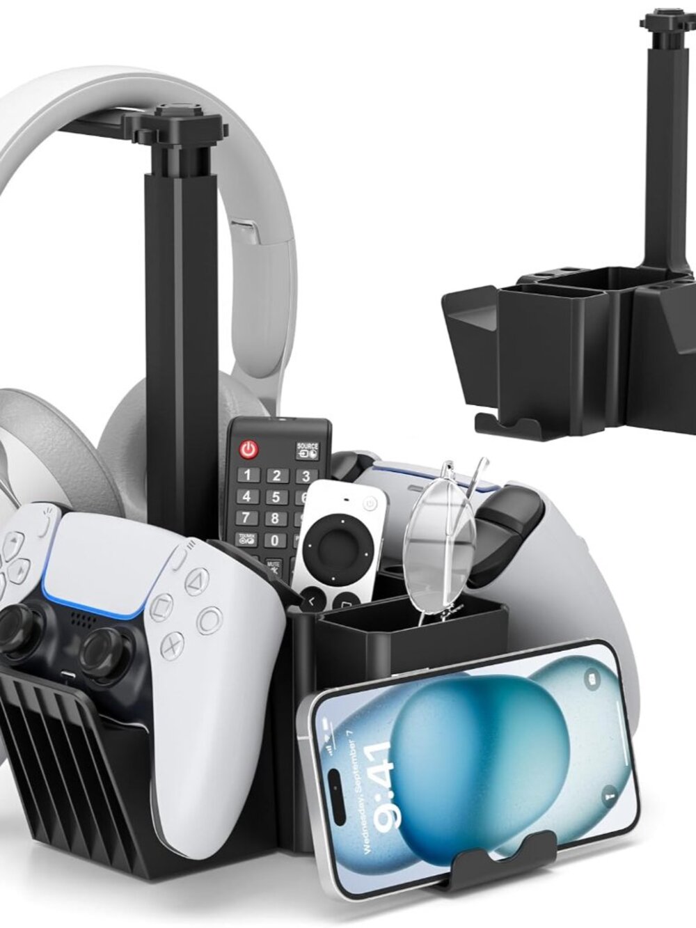 Dual Controller Holder with Headphone Stand - Multi-Functional Desk Storage Box